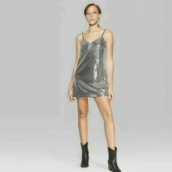 Wild Fable Silver Sequin Mini Slip Dress Cocktail Party Dress - Picture 1 of 7